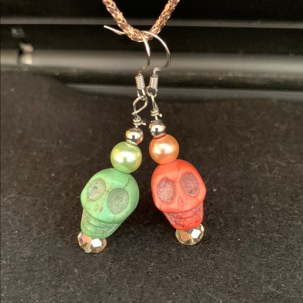 Skull Ceramic Bead Handmade Handcrafted Pierced Wire Hook Earrings Green & Peach